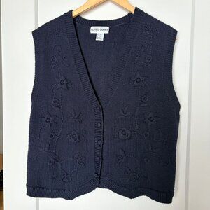 Vintage 90s Alfred Dunner Navy Knit Vest - Floral Embroidery - Size Large